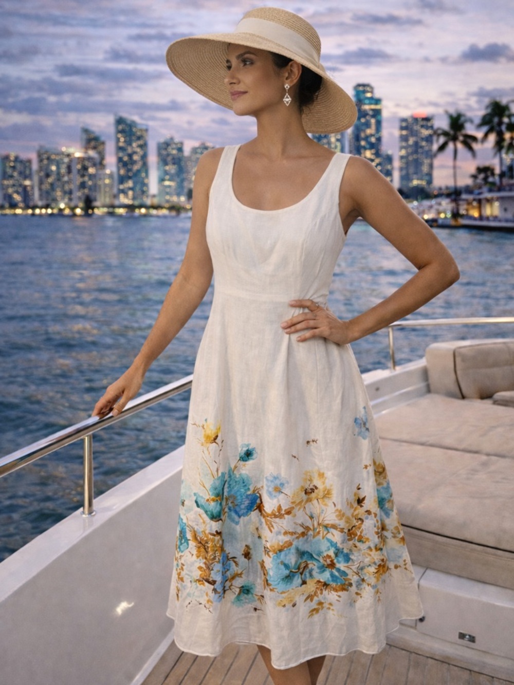 Zimmermann Linen Cream Midi Dress with Blue and Gold Floral Print
